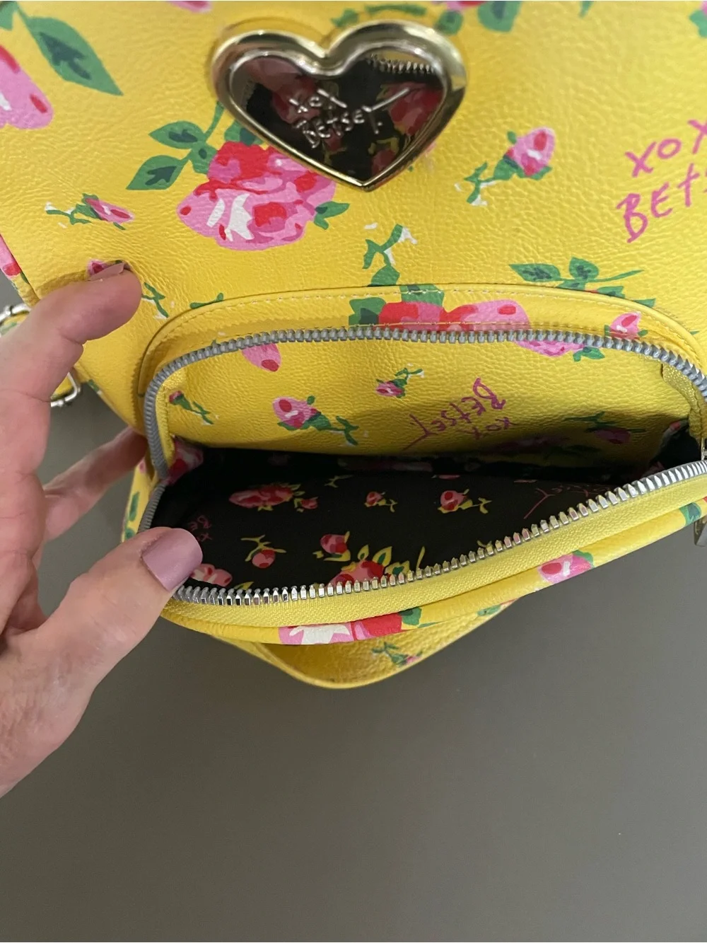 Betsey Johnson Yellow Floral Heart Charm Kids Backpack